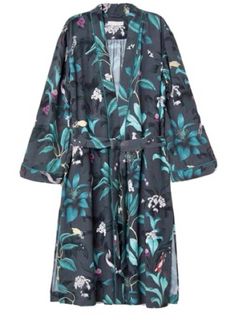 H&M Floral Satin Belted Trench Coat in Teal & Black